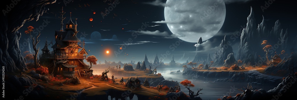 Poster halloween card depicting a 3d floating witchs hut on a small asteroid with 2d mystical symbols orbit