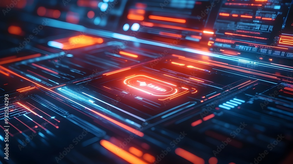 Poster futuristic 3d search interface with holographic floating bars representing modern digital web browsi