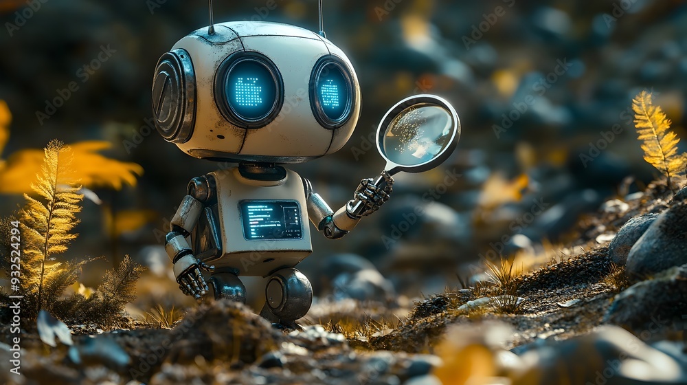 Poster 3d search engine robot scanning digital landscape with magnifying glass symbolizing intelligent tech