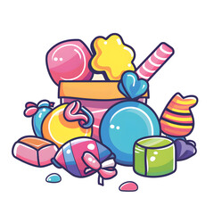 Fototapeta premium Candy Wonderland: A delightful cartoon illustration overflowing with vibrant, colorful candies, evoking a sense of playful sweetness and irresistible delight. 