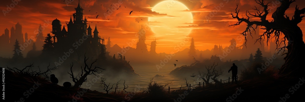 Poster halloween card with a 3d haunted watchtower in the bottom left corner with 2d ghostly figures appear
