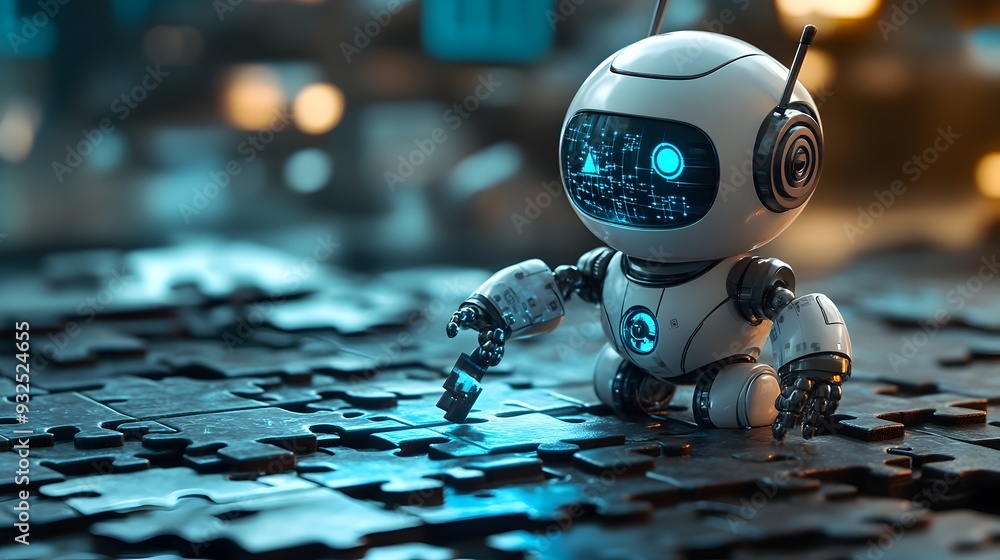 Poster 3d search engine robot assembling digital puzzle symbolizing search results