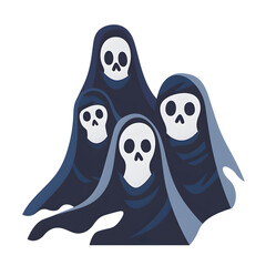 Obraz premium Spectral Gathering: A group of ethereal figures cloaked in shadows, their skeletal faces peering out from beneath the darkness. This haunting illustration evokes a sense of mystery and the unknown, pe