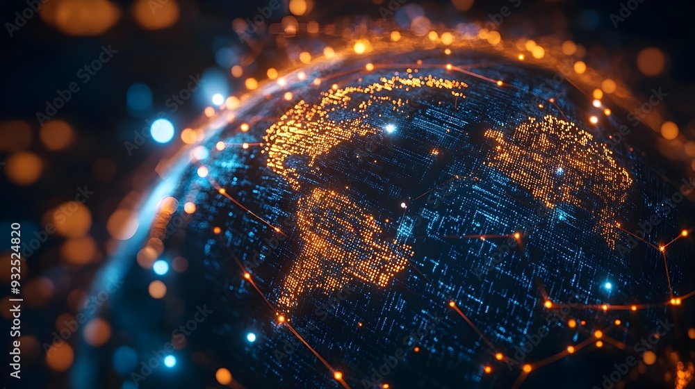 Poster visualizing global search capabilities with a 3d rendered search engine globe