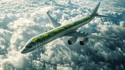Fototapeta premium Sustainable aviation fuel concept. Net zero emissions flight. Sustainability transportation. Eco-friendly aviation fuel. Air travel. Future of flight with green innovation. Airplane use biofuel energy