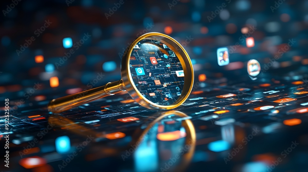 Poster 3d magnifying glass focusing on floating icon cluster for search engine optimization