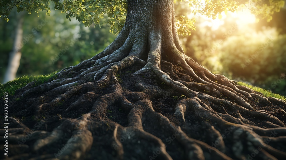 Poster close-up of tree roots in a forest setting with sunlight shining through the branches.