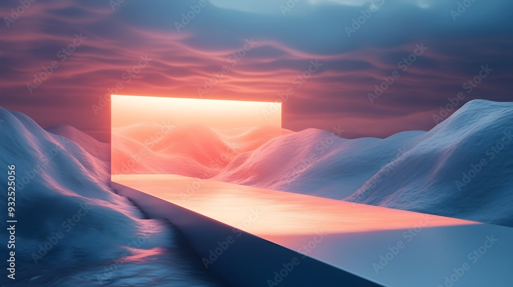 Poster floating 3d search bar illuminating digital landscape pathways symbolizing guidance and discovery