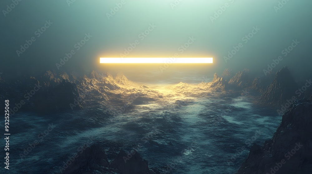 Poster 3d search bar floating above digital landscape reveals hidden paths and guidance