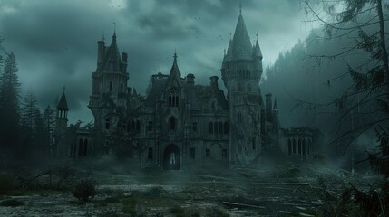 Fototapeta premium An unsettling, deserted castle looms in the dense forest, shrouded in mist and shadows, evoking a sense of dread and mystery