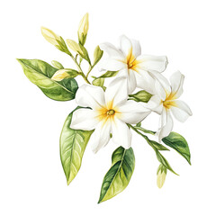 Elegant illustration of white flowers with green leaves, perfect for nature, botanical, and floral designs.