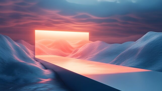 Floating 3D Search Bar Illuminating Digital Landscape Pathways Symbolizing Guidance and Discovery