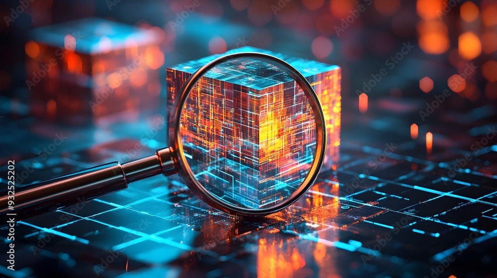 Poster 3d magnifying glass dissecting digital data cube symbolizing deep search capabilities