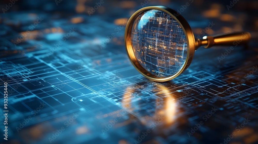 Poster 3d magnifying glass hovering over digital blueprint symbolizing search engine uncovering information