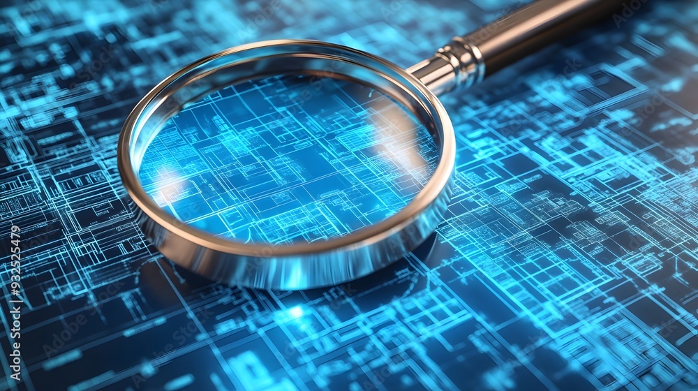 Poster 3d magnifying glass hovering over digital blueprint symbolizing search engine s uncovering of inform