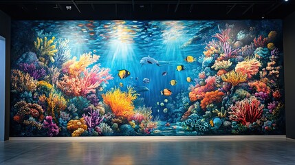 A Large Mural Depicting a Vibrant Underwater Scene with Coral Reefs, Fish, and a Dolphin