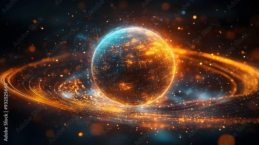 Poster swirling 3d search engine globe representing dynamic internet queries