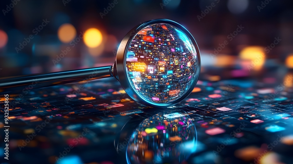 Poster magnifying digital sphere with icons symbolizing comprehensive search insights