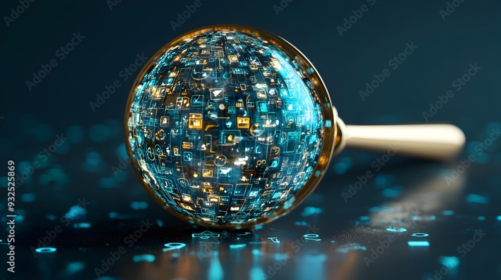 Poster 3d magnifying glass dissecting digital sphere with icons for comprehensive search insights