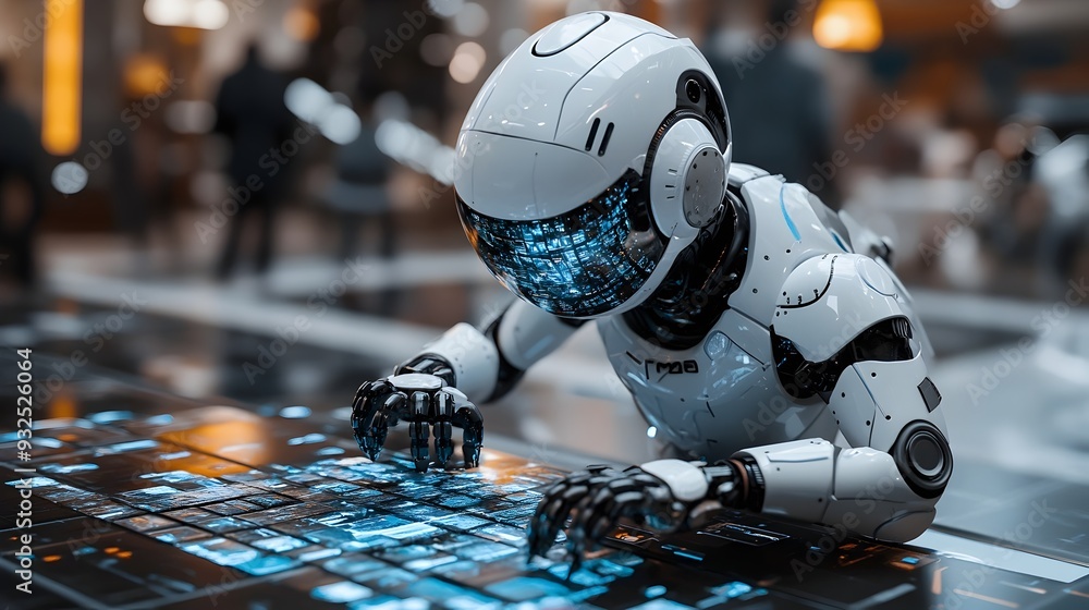 Aufkleber 3d search engine robot assembling digital mosaic of information gathering