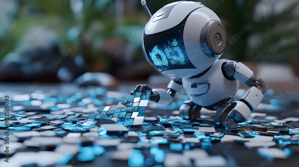 Poster 3d rendered search engine robot assembling digital mosaic of information gathering