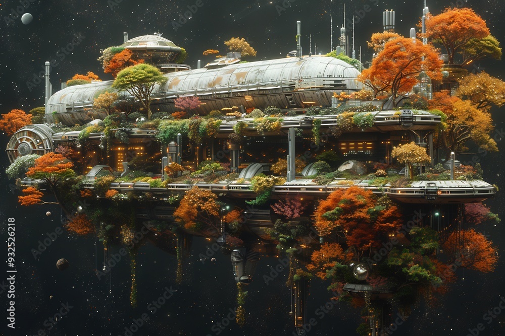 Poster colossal spaceship that looks like a floating garden with trees rivers and wildlife coexisting in ha