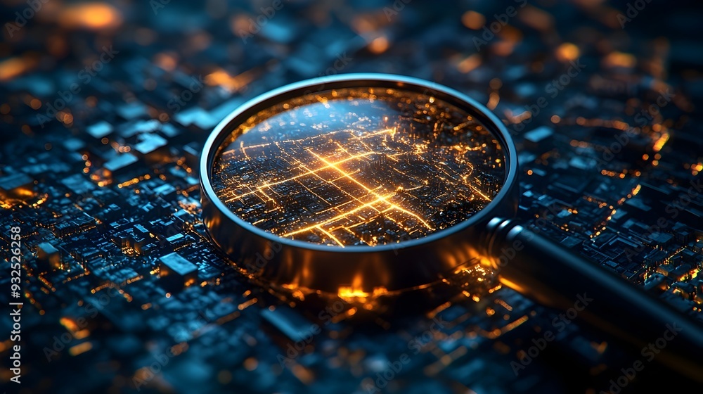 Poster magnifying glass illuminating digital map pathways of information and navigation