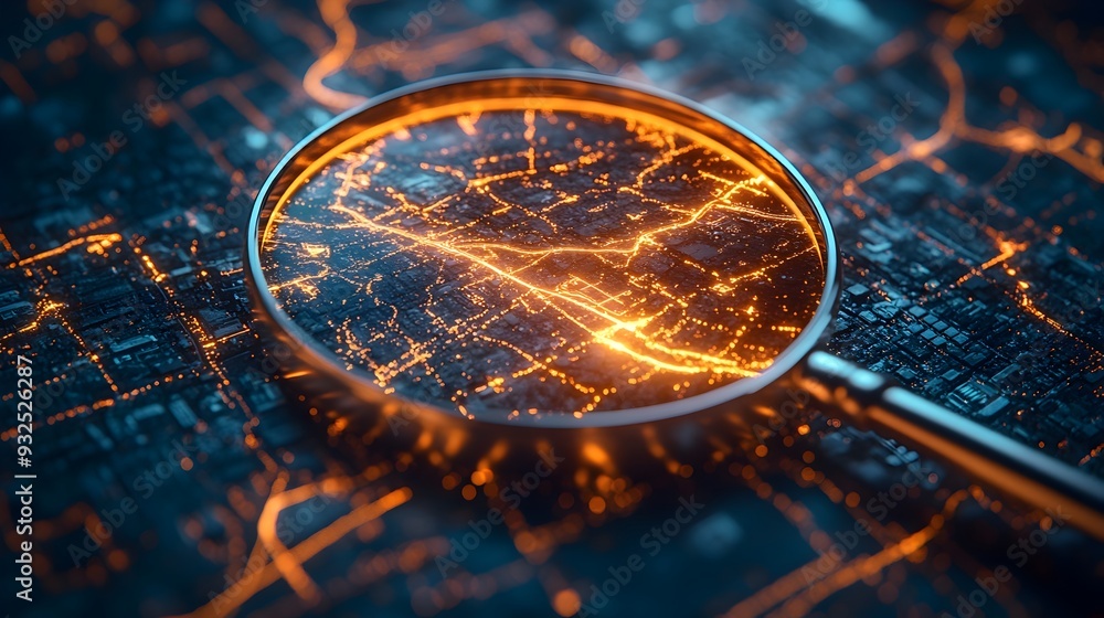 Aufkleber 3d magnifying glass illuminating digital map pathways for information navigation