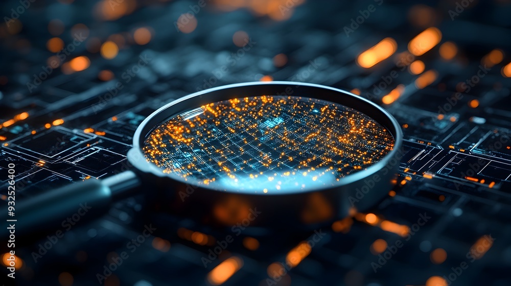Poster 3d magnifying glass unveiling hidden digital nodes in network symbolizing search engine s capability