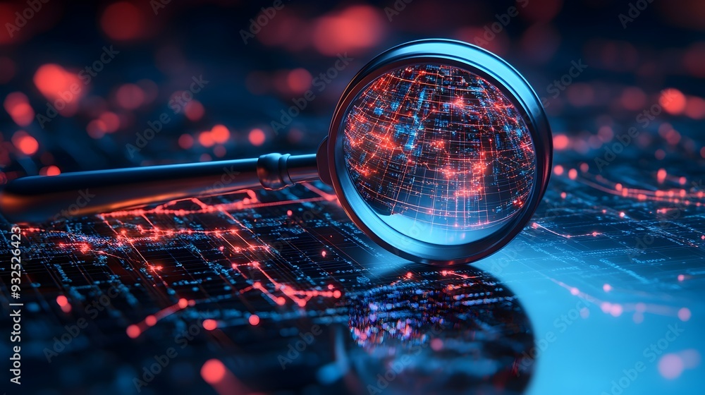 Poster 3d magnifying glass unveiling digital nodes in a network symbolizing search engine s capability to u