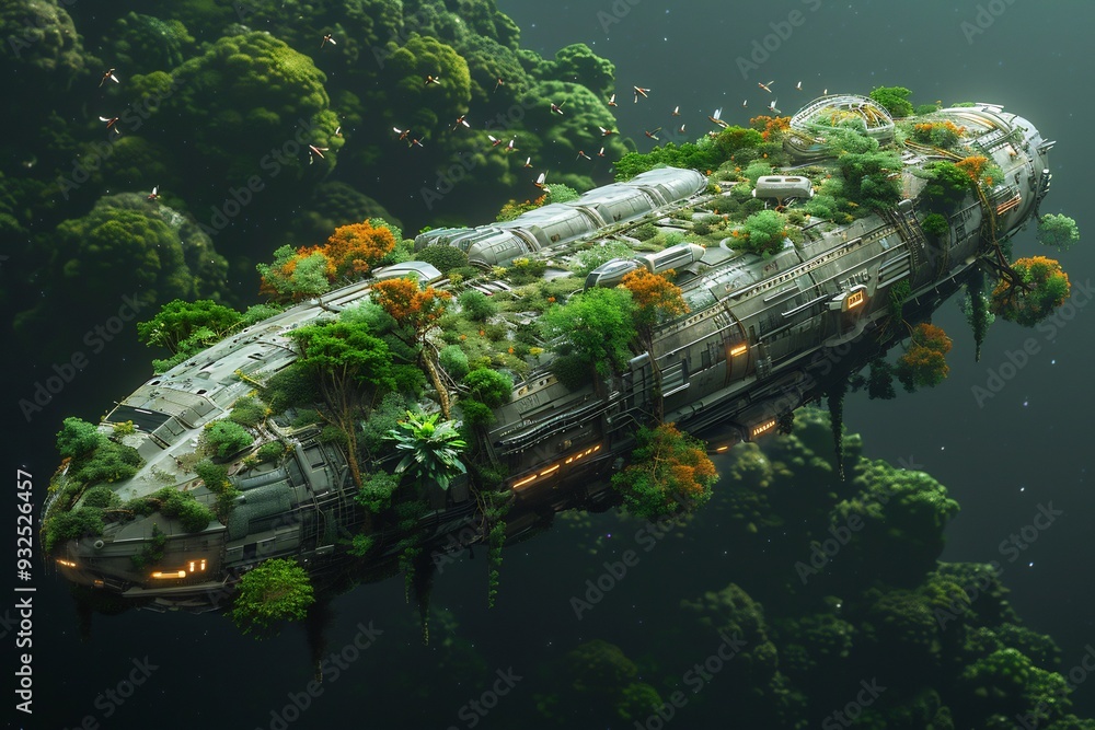 Poster colossal spaceship that looks like a floating garden with trees rivers and wildlife coexisting in ha