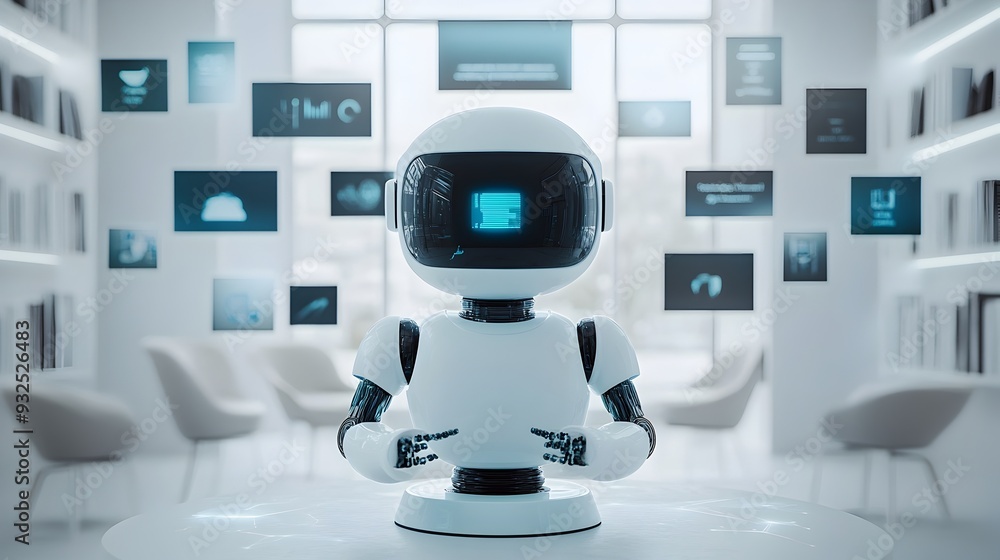 Poster a 3d search robot curating a gallery of personalized digital visuals