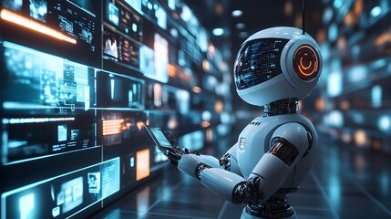 3D Rendered Search Engine Robot Curating Personalized Floating Image Gallery