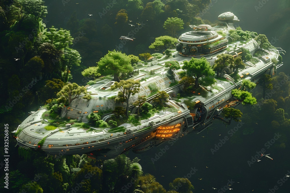 Poster colossal spaceship that looks like a floating garden with trees rivers and wildlife coexisting in ha