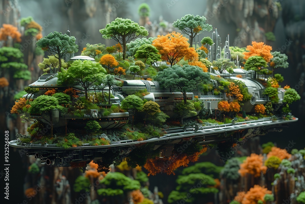 Poster colossal spaceship that looks like a floating garden with trees rivers and wildlife coexisting in ha