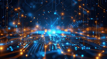 Fototapeta premium Produce an abstract banner with a digital network circuit board design, showcasing blue and black hues, glowing lights, and connected data dots for a big data technology concept