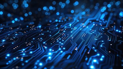 Design an abstract banner showcasing a digital network circuit board with blue and black colors, highlighting glowing lights and connecting data dots to represent big data technology