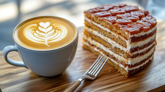 A delicious slice of cake paired with a latte art coffee on a wooden table, perfect for dessert lovers and coffee enthusiasts.
