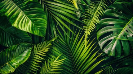 closeup nature view of green leaf and palms background. Flat lay, dark nature concept, tropical leaf, ai