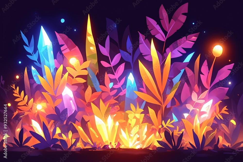 Poster crystalline forest where trees and plants are made of vibrant glowing gems with light refracting in 