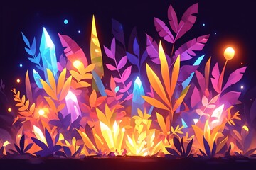 Crystalline forest where trees and plants are made of vibrant glowing gems with light refracting in every direction on a plain dark background