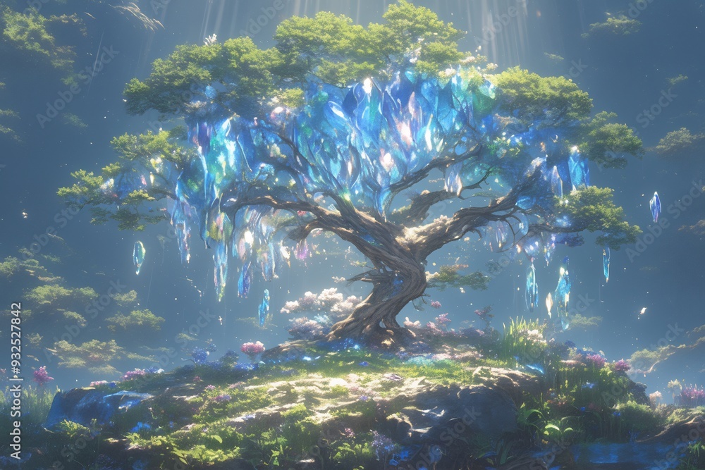 Poster crystalline forest where trees and plants are made of vibrant glowing gems with light refracting in 