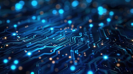 Create an abstract background banner of a digital network circuit board with blue and black hues, showcasing glowing lights and connecting data dots to highlight big data technology