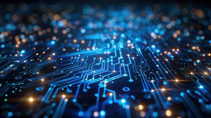 Generate an abstract banner with a digital network circuit board design, incorporating blue and black colors with glowing lights and connecting data dots for a big data technology theme