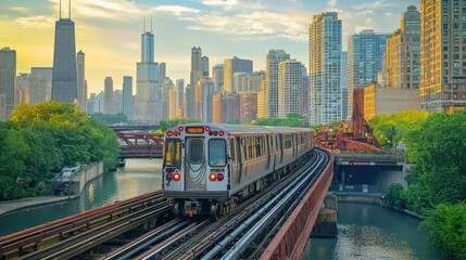 Fototapeta premium Train passing by over bridge of City of Chicago transport system, Illinois, USA