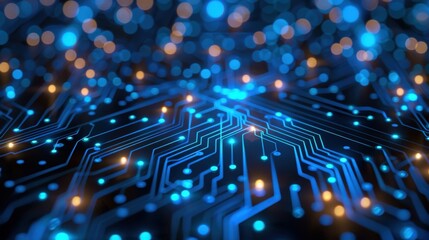 Create an abstract background of a digital network circuit board with blue and black colors, highlighting glowing lights and connected data dots, for a big data technology concept