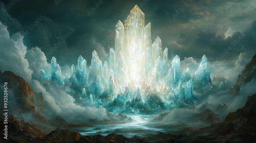 Poster dreamlike landscape where the mountains are made of crystal and the rivers flow with liquid light wi