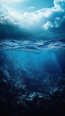 Fototapeta premium A photo of the ocean with a cloudy sky in the background. The water is deep and the sky is dark