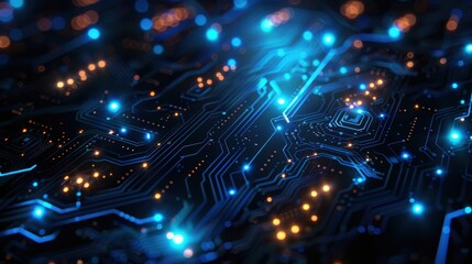 Design a high-resolution banner featuring an abstract digital network circuit board with glowing blue lights and data dots connected on a black background, representing big data technology