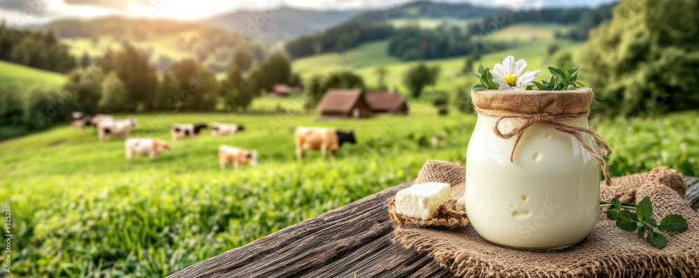 Poster a jar of butter is on a table in front of a field of cows. concept of calm and tranquility, as the c